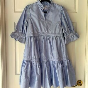 Darling blue and white striped dress, ruffle detail, 3/4 sleeve